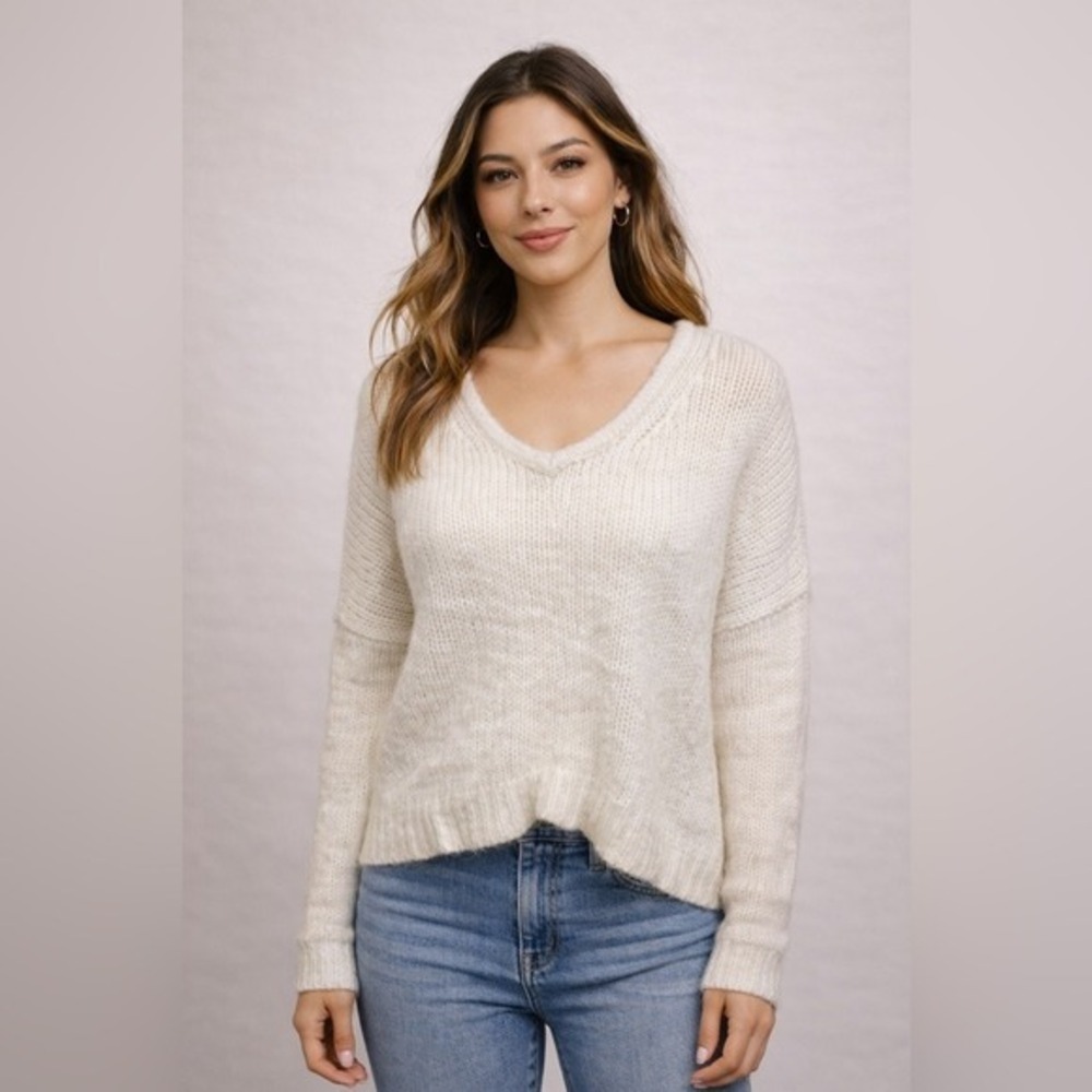 Madewell‎ Womens Cream Chunky Knit V-Neck Pullover Sweater XS Ivory Relaxed Fit